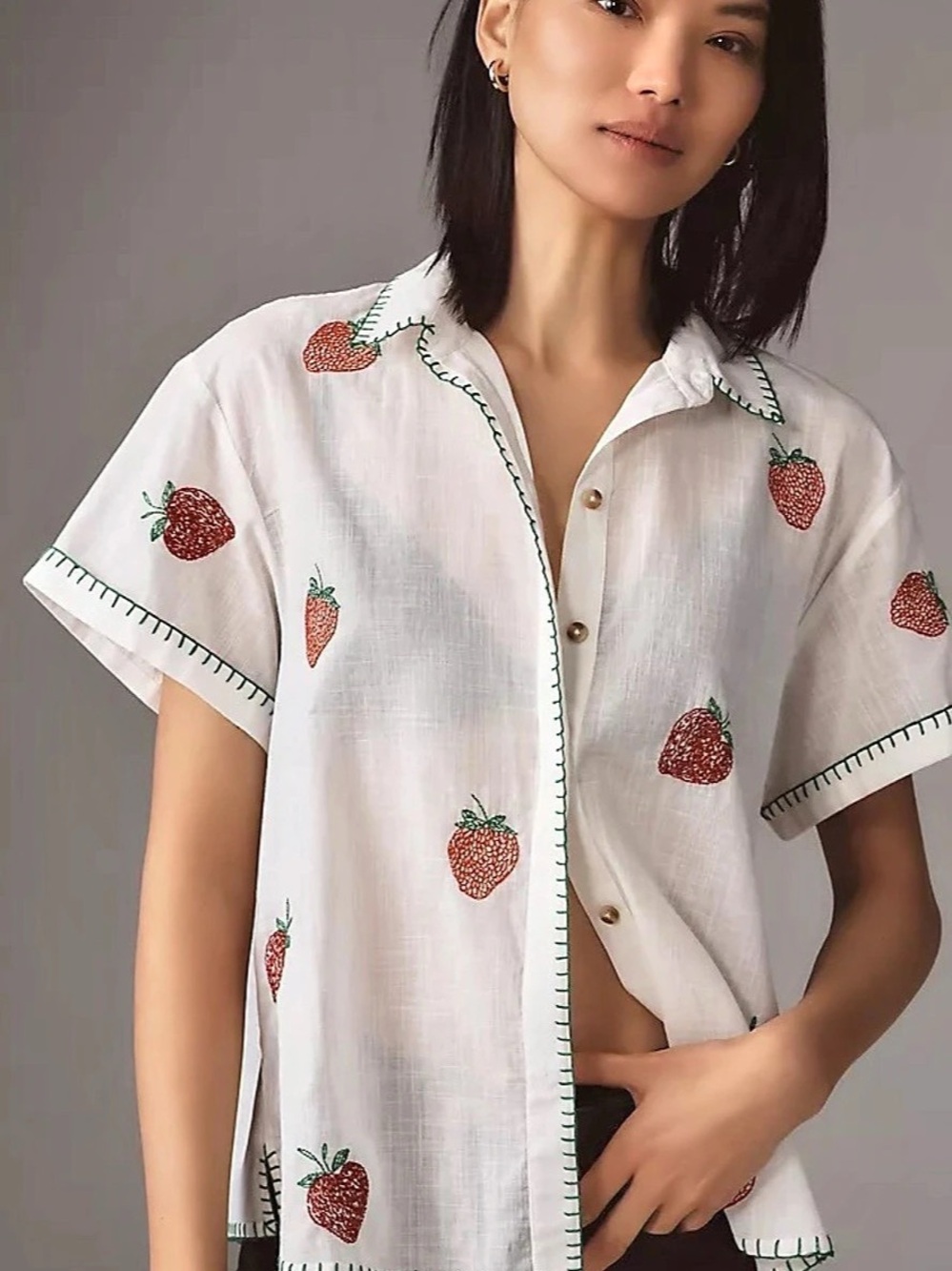 Maeve Short-Sleeve Whip-Stitch Buttondown Shirt White XL
